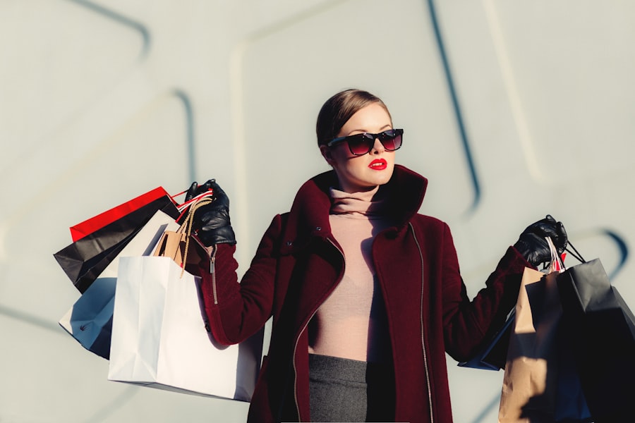 Fashion street look, shopping bags in hand